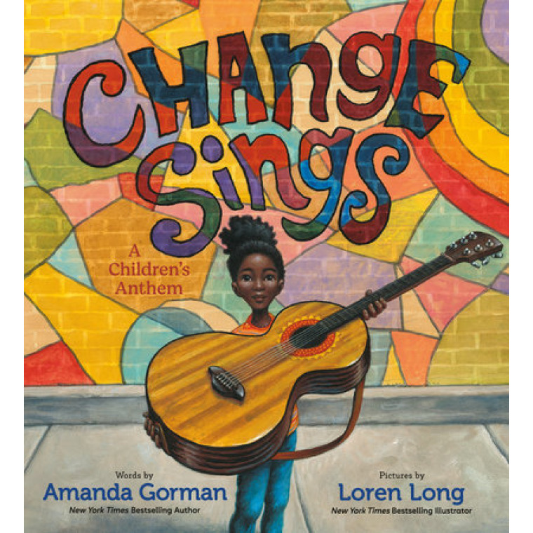 Bright mosaic colors highlight a black girl holding a guitar.