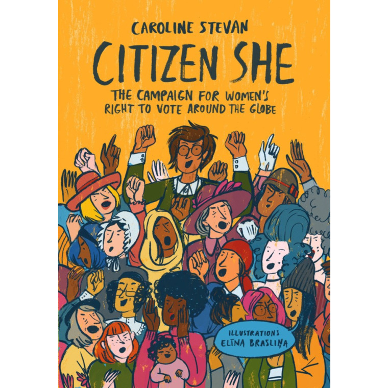 A group of women cheering together on a yellow background.