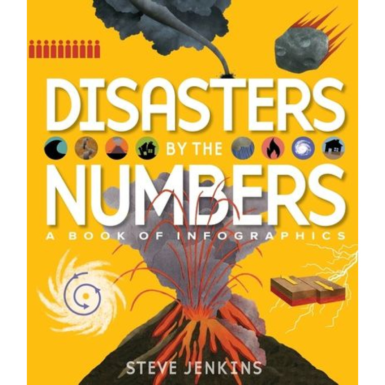 Multiple illustrated depictions of natural disasters, including an erupting volcano, an asteroid, a tornado, and a hurricane.