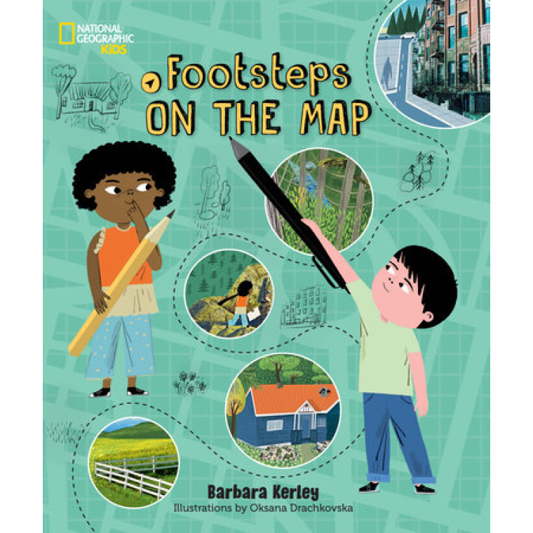A young Black girl and a white boy, both holding oversized pencils, stand next to a trail that’s been sketched onto a map along with drawn landmarks.