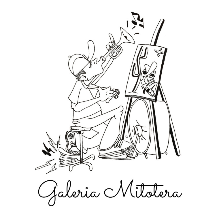 Galería Mitotera logo is black and white line art of a man playing the trumpet and bass drum while painting on an easel