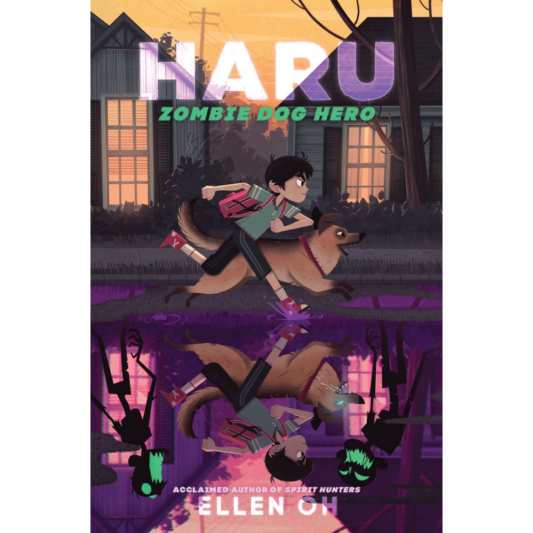 A boy and a dog running on a sidewalk