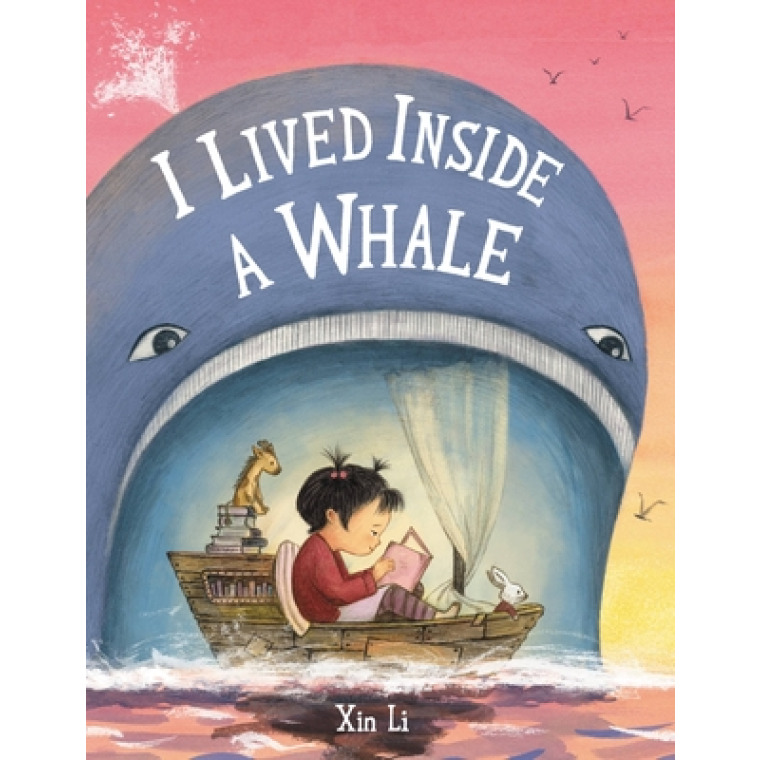 A young girl on a small boat reads a book inside the mouth of a whale.