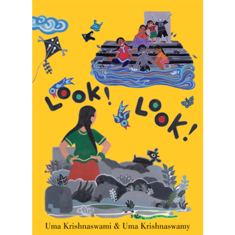 A girl looks across at a group of children playing in water.