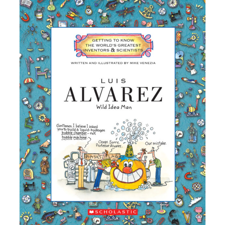 A cartoon-style male scientist stands in a physics lab