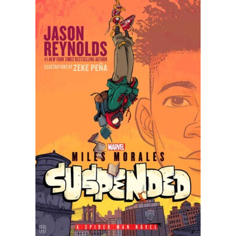 Miles Morales as Spiderman hangs over the New York skyline upside down while books fall out of his backpack.