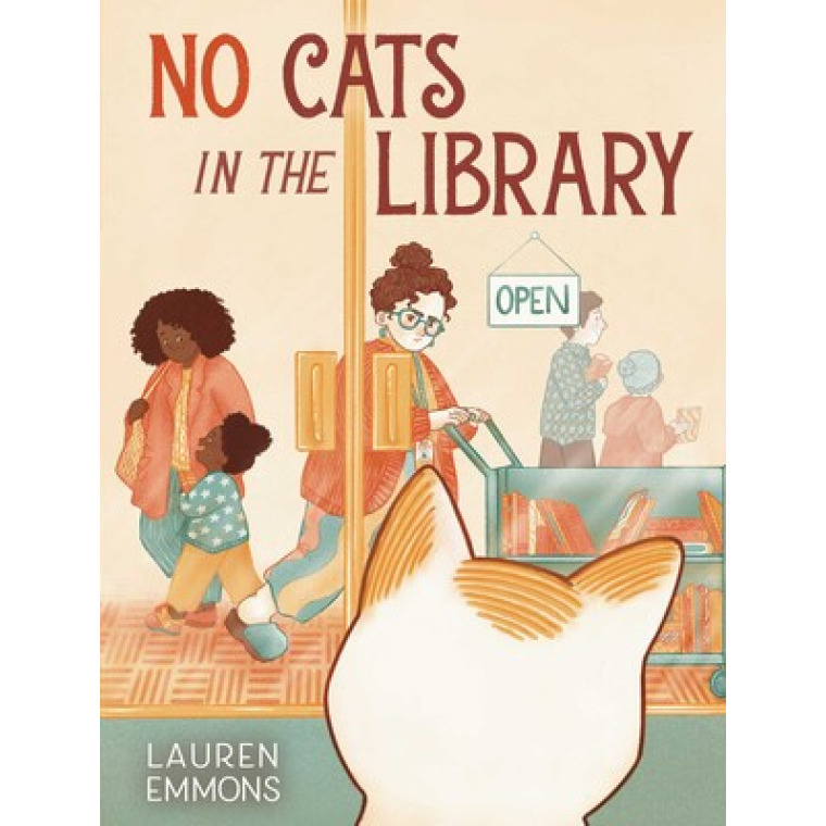 A cat watches library patrons from outside the glass doors.