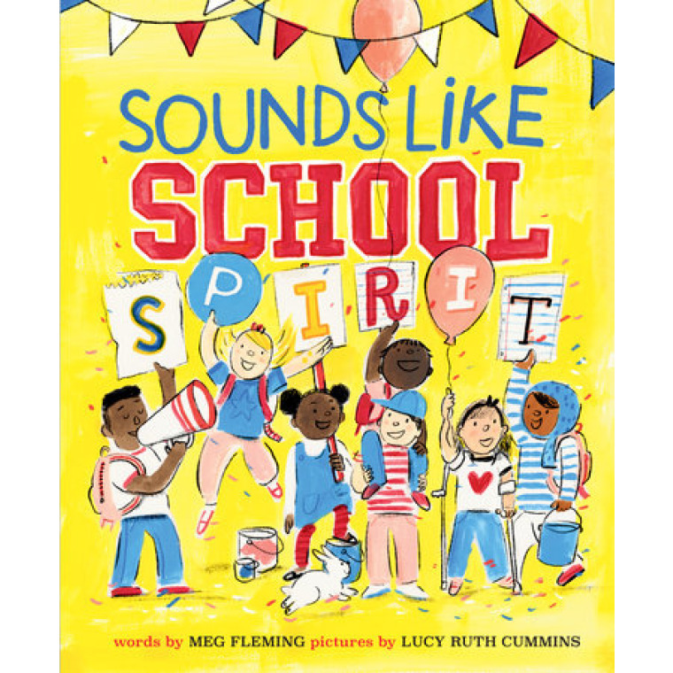 Seven children shouting and holding signs that spell out spirit