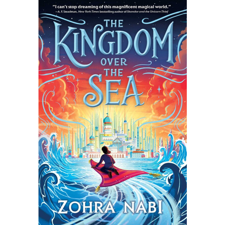 A young girl on a red flying carpet flies towards a Middle Eastern castle over the sea.