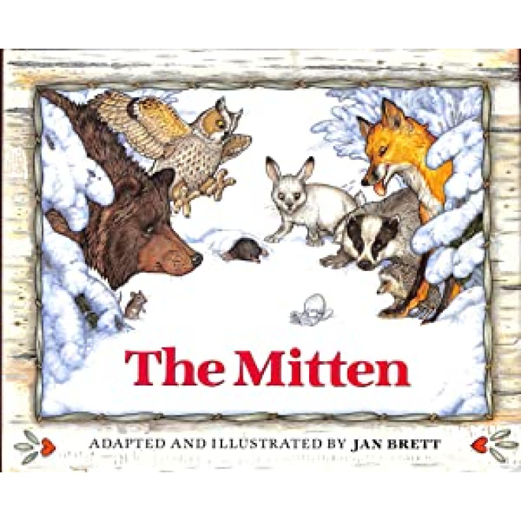 A mitten surrounded by animals in a snowy field.
