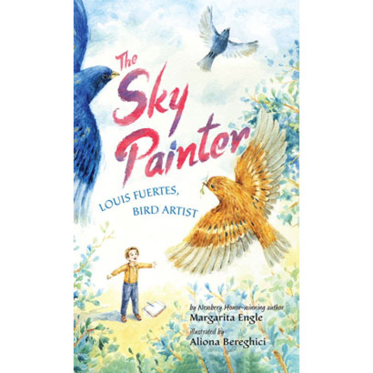 A young boy smiles as he watches birds fly above him