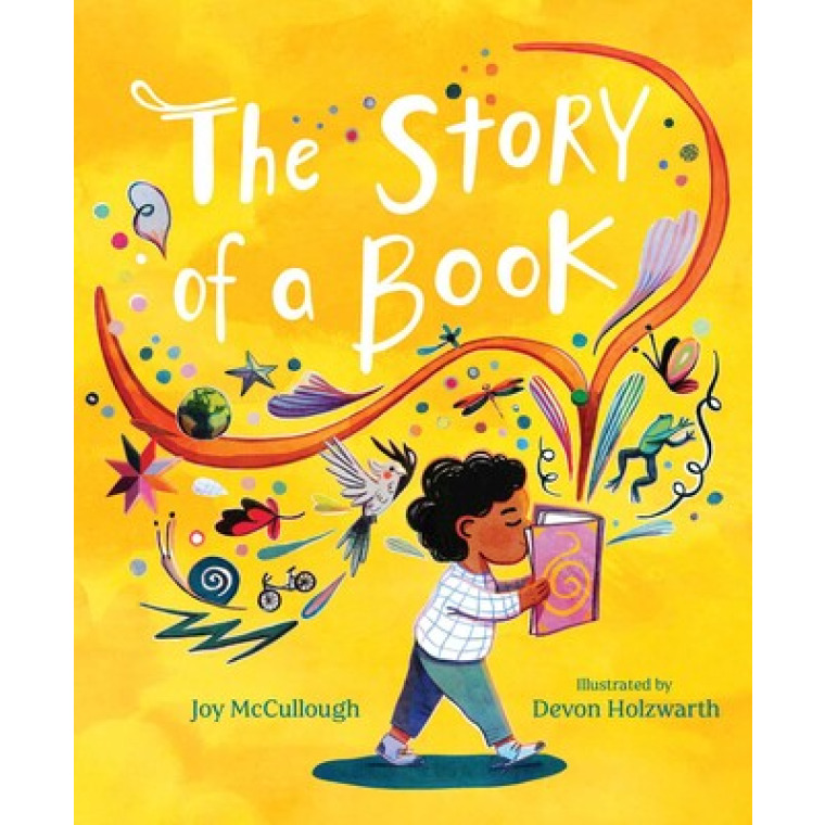 A child walks across a bright yellow background as colors and various objects come out of the book they hold open.