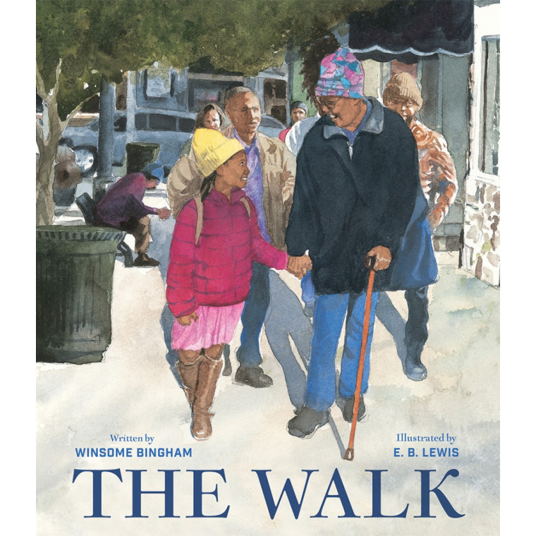 An old Black woman and a young Black girl hold hands as they walk down a city street.