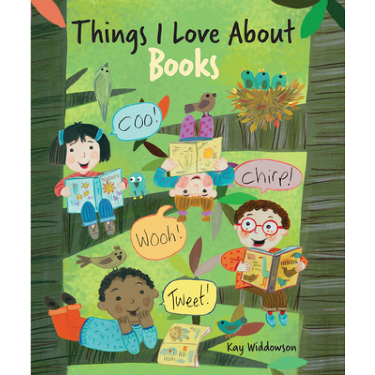 A group of children read books together on the branches of trees.