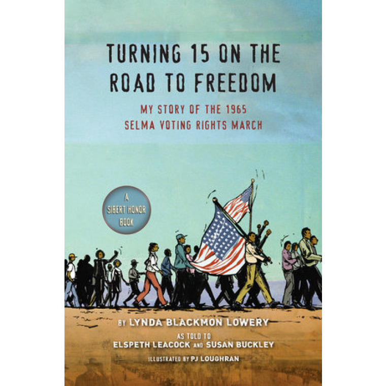 A crowd of Black people walk across the cover, two men holding U.S. American flags.