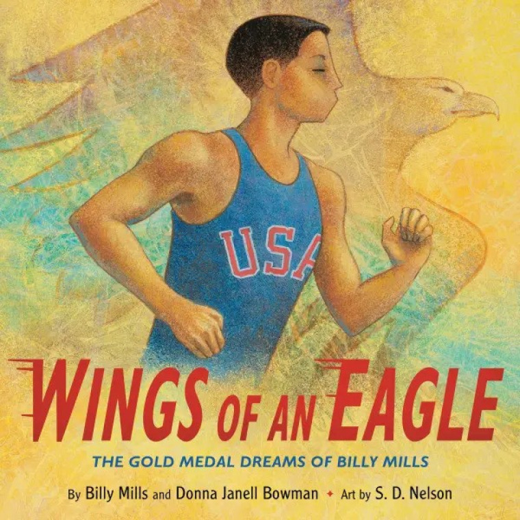 A man running, an eagle behind him in the brackground.
