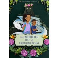 A young girl and young boy stand together among plants as a white dragon curls around them.