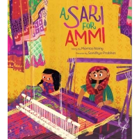 A young girl watches her mother weave a sari on a loom.