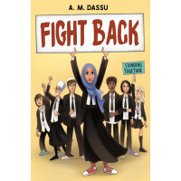 A Muslim girl in a school uniform holds up a sign that says "Fight Back"