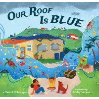 Two siblings sit on the ground before their battered home imagining a cheerful ocean.
