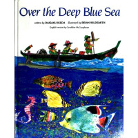 Three children row a boat over a sea full of fish.
