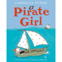 A red haired girl reclines on a small boat named Molly in the blue ocean.