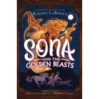 Golden animals rise into the sky over an Indian castle while two children run with a horse and dog below it.