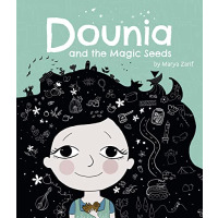 A young girl smiles. Sketches of various items fill the black of her hair.