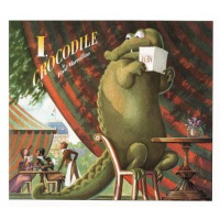 A giant crocodile sits at a restaurant table holding a menu, looking at other patrons.