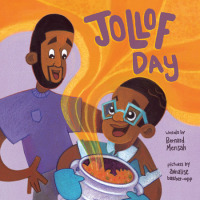 A Black boy wears glasses and holds a big pot of jollof  