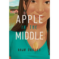 A girl wearing a turquoise shirt is posed in the side of the book while she is standing in front of a house