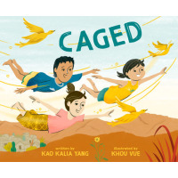 Three children have are flying in the sky with yellow birds surrounding them