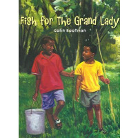 Two kids are standing side by side as they both hold large palm tree leaves, and a bucket