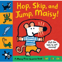 A white mouse weared a striped shirt and yellow pants plays with a jump rope.