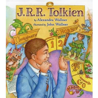 J R R Tolkien, a white man in a blue suit, looks at a picture of a hobbit.