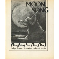 Colored in black and white, a wolf is posed behind a full moon