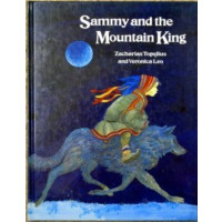 A boy in winter clothes riding a wolf