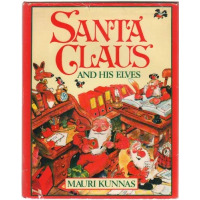 Santa Claus surrounded by toys and his elves