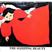 A girl in a red dress sleeping while surrounded by roses