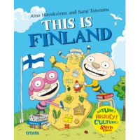 Two children draw on a cardboard maskot. A flag of Finland flies behind them.