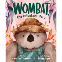 A wombat showing a grumpy face, wearing a hat and overalls