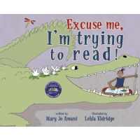 A kid is reading a book inside an alligator but is propping the alligator open with a stick
