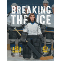 A woman in hockey gear stands in front of a men's hockey team on the ice.