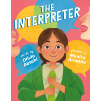 A young girl wears an oversized green suit as two people behind her speak in either a yellow or blue speech bubble.