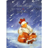 A chicken watches over a fox sleeping in the snow.