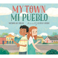 A boy and a girl have their backs facing each other while behind them they are point at their neighborhood