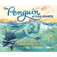 An old man swims with a penguin. 