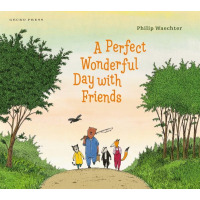 A badger, bear, skunk, and fox in clothes walk down a dirt road.