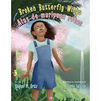 A young girl in overalls has glowing pink butterfly wings.
