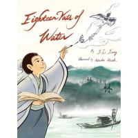An Ancient Chinese man with a calligraphy brush paints a bird into the sky.